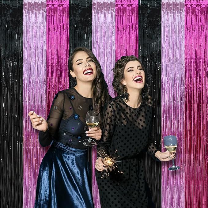 BEISHIDA 3Pcs Pink Black Hot Pink Door Streamer Colorful Backdrop Foil Fringe Tinsel Curtains Cartoon Mouse Backdrops for Birthday Baby Shower Children's Day Party Decoration (3.28 ft x 6.56 ft)