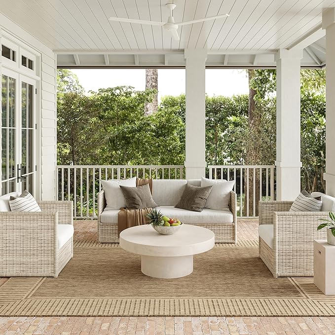 Nuloom Asha Light Brown/Ivory, 8' Round, Casual, Striped Border, Soft and Cozy, High Traffic, Stain Resistant, Easy Clean, Durable Area Rug for Indoor/Outdoor Patio, Deck, Porch, Garden, Courtyard