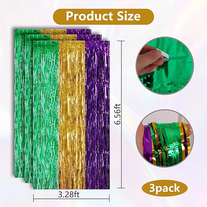 BEISHIDA 3Pcs Green Gold Purple Door Streamers Backdrop Foil Fringe Tinsel Curtains Backdrops for Birthday Baby Shower Carnival Mardi Gras Party Decoration (3.28 ft x 6.56 ft)