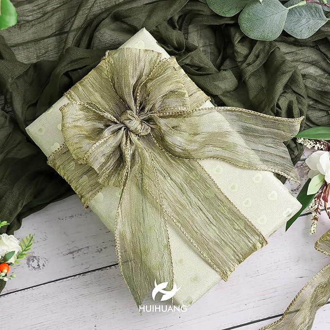 HUIHUANG Moss Green Wired Ribbon 2.5 inch Green Crinkled Silk with Gold Metallic Christmas Ribbon for Wreath Supplies Wedding Holiday Christmas Tree Decor Swags Gift Wrapping -10 Yards