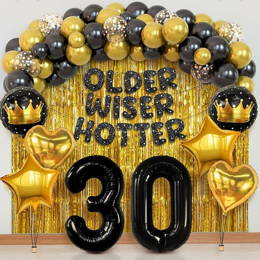 KatchOn, Happy 30th Birthday Decorations - Pack of 50 | Older Wiser Hotter Banner, Latex Balloons Arch Kit, Gold Foil Fringe, Star, Round, Heart Balloons | 30th Birthday Decorations for Women, Men