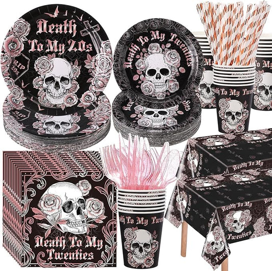Funnymoom 452 Pcs Death to My 20s Decoration for Her Serves 50, Black Rose Gold Rip 20s Paper Plates Napkins Cups Tablecloth Cutlery Straw for Women Death to My Twenties 30th Birthday Party Supplies
