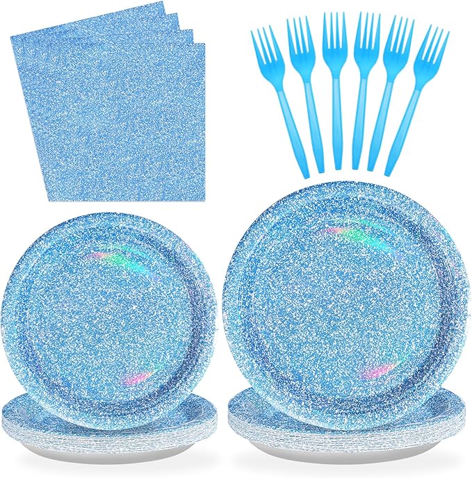 96 Pcs Blue Party Supplies Holographic Rainbow Light Blue Plates and Napkins Tableware Set Iridescent Blue Party Decorations for Summer Birthday Party Wedding Anniversary Bridal Baby Shower Serves 24