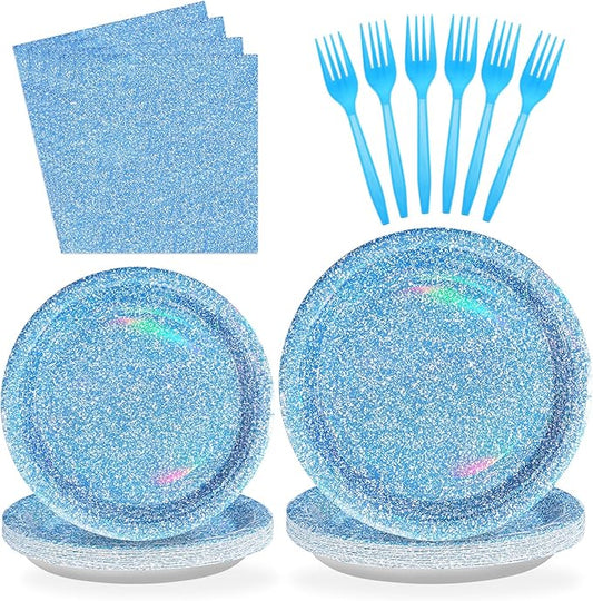 96 Pcs Blue Party Supplies Holographic Rainbow Light Blue Plates and Napkins Tableware Set Iridescent Blue Party Decorations for Summer Birthday Party Wedding Anniversary Bridal Baby Shower Serves 24