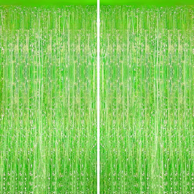 2Pack Iridescent Green Metallic Tinsel Foil Fringe Curtains, Door Streamers Photo Booth Backdrop for Birthday Party, Tinsel Curtain Backdrop for Baby Shower Bachelorette Christmas Party Decorations