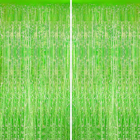 2Pack Iridescent Green Metallic Tinsel Foil Fringe Curtains, Door Streamers Photo Booth Backdrop for Birthday Party, Tinsel Curtain Backdrop for Baby Shower Bachelorette Christmas Party Decorations