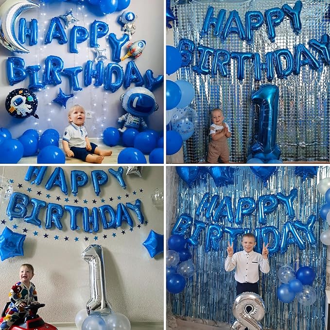 Blue Happy Birthday Balloon Banner, 16 Inch Foil Mylar Happy Birthday Balloons Letters, Reusable Happy Birthday Sign, Blue Birthday Decorations for Women, Men, Boys and Girls