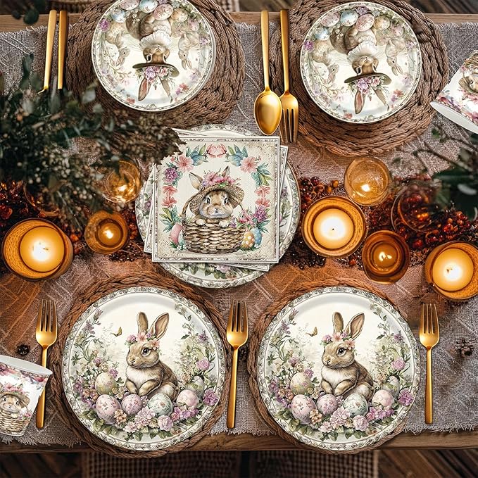 140Pcs Vintage Easter Party Rabbits Plates and Napkins Easter Day Party Supplies Gorgeous Palace-Style Bunny Eggs Paper Plates Birthday Party Decorations Rabbits Party Plates, Serves 20 Guests