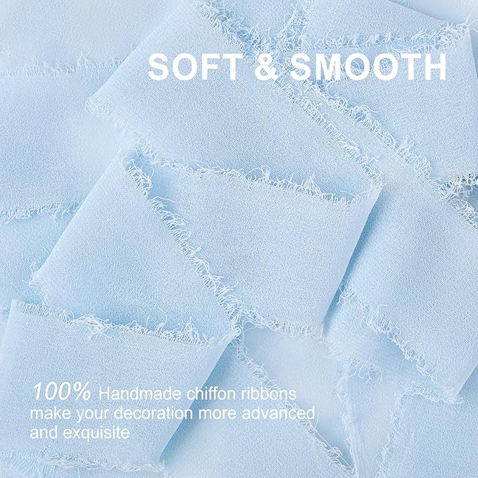 Light Blue Chiffon Ribbon 1.5" x 21 Yd Handmade Fringe Silk Chiffon Fabric Ribbon for Gift Wrapping Wedding Invitation Bridal Flower Bouquet DIY Crafts Home Decor