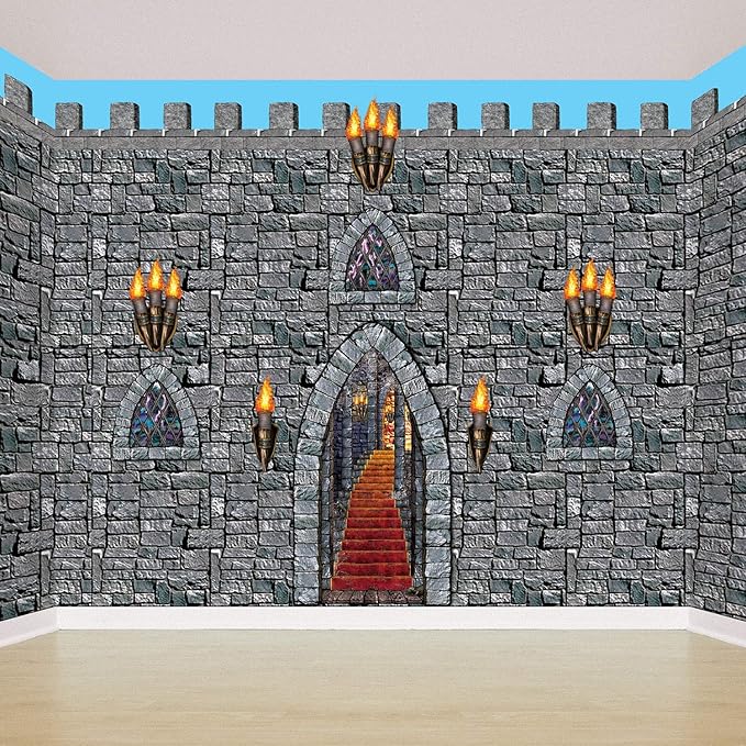 Beistle Brick Stone Wall Backdrops, 4’ x 30’, 2 Pack – Medieval Party Decorations, Medieval Decor Background, Photo Backdrop, Easy to Adhere Wall Covering, Stone Backdrop, Halloween Party Decorations