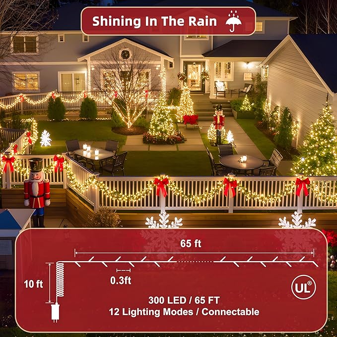 300LED 75FT Christmas Lights Indoor, LED Christmas Tree Decoration Lights with 12 Modes & Timer Memory, Dimmable Plug In Waterproof LED Xmas Light for Yard Trees Wedding Party Holiday Warm White