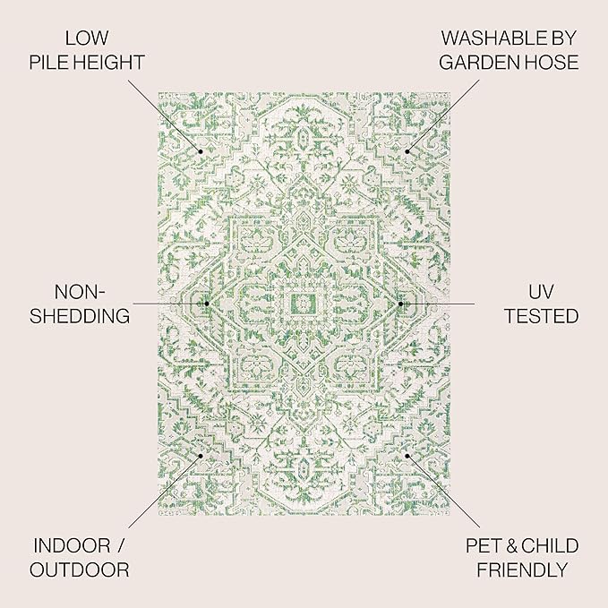 JONATHAN Y Boho Medallion Indoor Outdoor Area Rug 4X6 Green/Cream, Estrella Textured Weave for Backyard, Patio, Porch, Easy-Cleaning, High Traffic, Pet-Friendly, Non-Shedding (SMB105G-4)