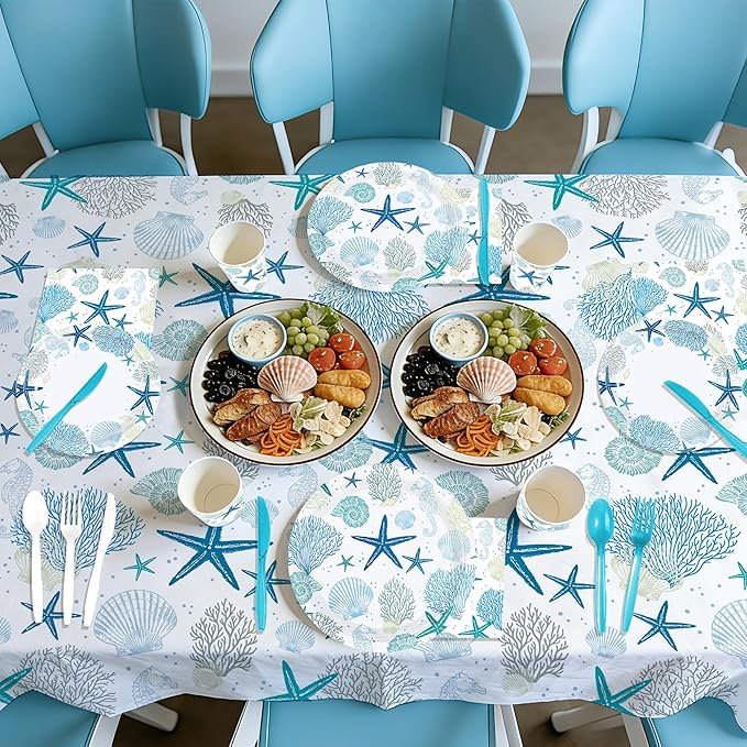 170Pcs Coastal Beach Party Decorations Under the Sea Plates Napkins Tablecloths Disposable Ocean Coral Starfish Tableware Set for Kitchen Summer Beach BBQ Holiday Party Supplies Serves 24