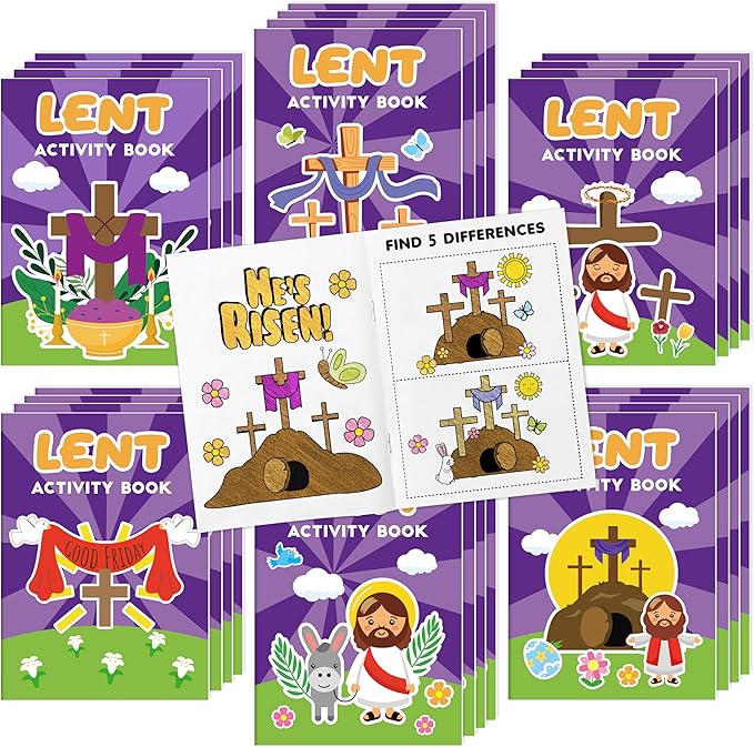 Easter Lent Activity Books for Kids - 24Pcs Christian Lent Mini DIY Games Coloring Book Set Bulk Mazes Word Search Word Scramble Games for Sunday School Classroom Easter Spring Holiday Party Favors