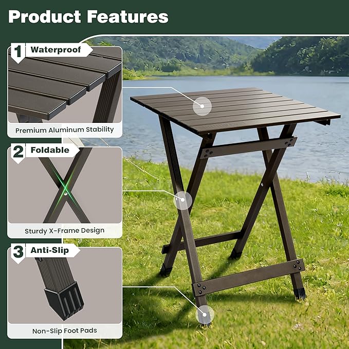 SUNNYFEEL Folding Camping Table - Lightweight Aluminum Portable Picnic Table, 18.5x18.5x24.5 Inch for Cooking, Beach, Hiking, Travel, Fishing, BBQ, Indoor Outdoor Small Foldable Camp Tables