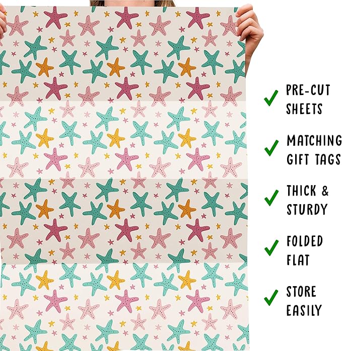 CENTRAL 23 Beige Wrapping Paper - 6 Sheets Of Birthday Gift Wrap For Women - Starfish - Holiday Beach Tropical - Summer Wrapping Paper - Comes With Stickers