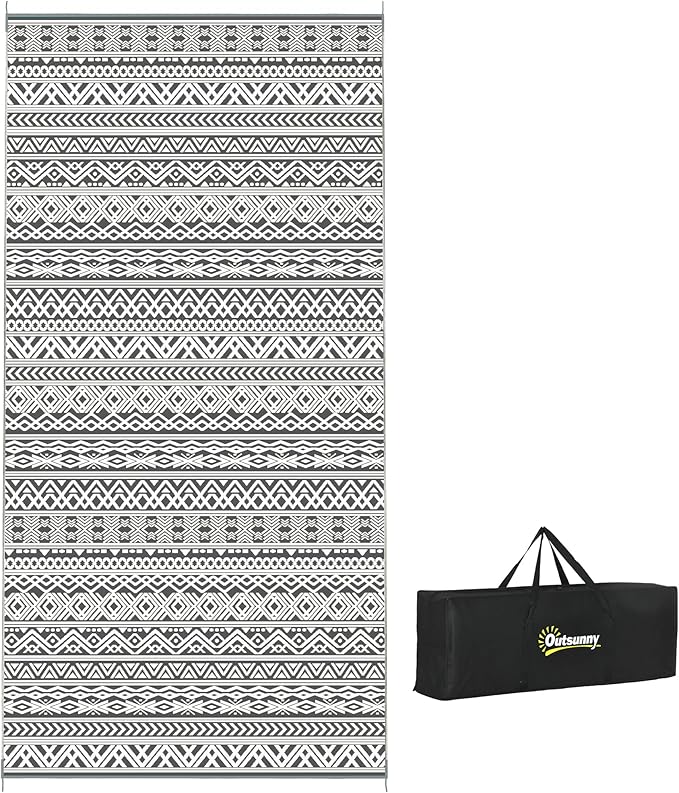 Outsunny Outdoor Rug for Patio, 9' x 18' Waterproof Large Mat, Reversible Plastic Straw Rug for Decor, Portable Outside RV Camping Area Carpet Mat for Backyard Porch Deck Picnic, Gray & Cream Boho