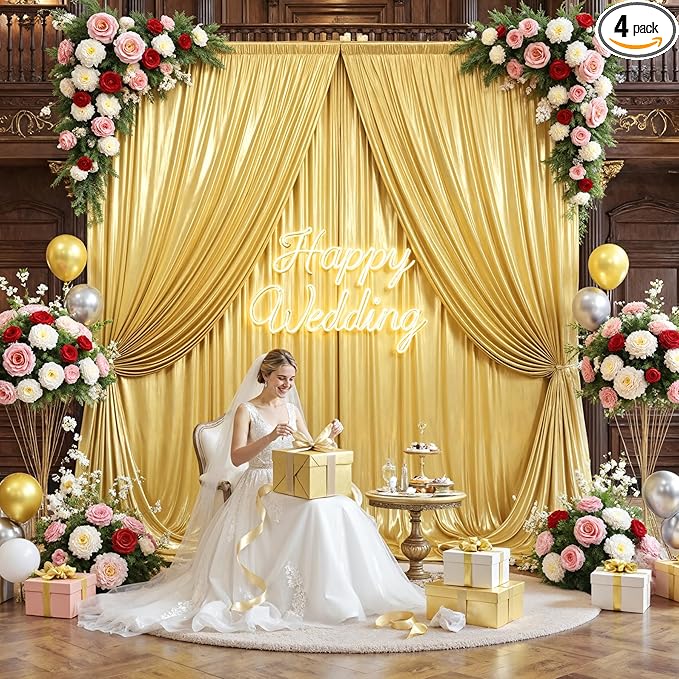 20x10ft Gold Backdrop Curtains Glitter Sequin Photo Backdrop Curtain Fabric Gold Shimmer Drapes Backdrop Bridal Baby Shower Wedding Birthday Party Photography Backdrops Photoshoot 5x10FT, 4 Panels