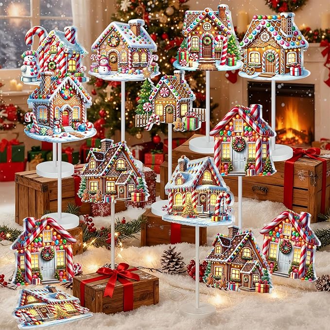Geelin 10 Pcs Christmas Gingerbread Table Decoration Gingerbread House Decor Christmas Centerpiece for Tables Gingerbreads Theme Tabletop Gift for Xmas Holiday Desk Home Office Party Supplies Decor
