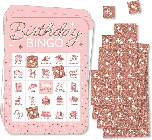 Big Dot of Happiness Pink Rose Gold Birthday - Picture Bingo Cards and Markers - Happy Birthday Party Bingo Game - Set of 18