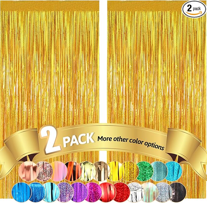 Gold Metallic Tinsel Foil Fringe Curtains Backdrop 2Pack 3.3x8.3Ft Gold Party Streamers for Birthday Party Decorations Halloween Christmas Decors Foil Curtain Backdrop for Bachelorette Wedding