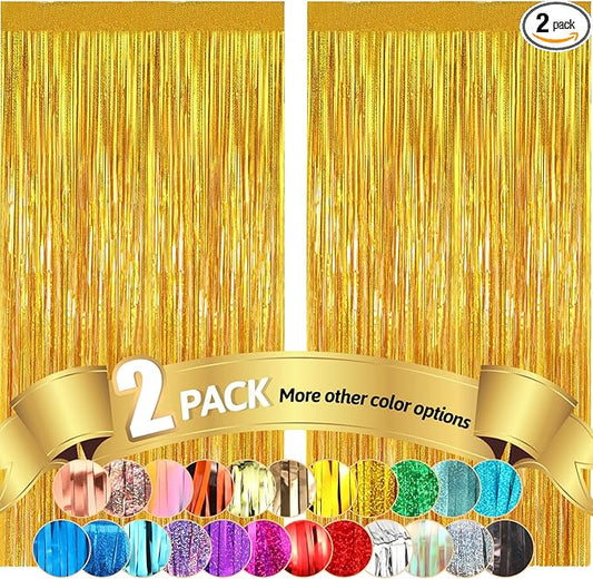 Gold Metallic Tinsel Foil Fringe Curtains Backdrop 2Pack 3.3x8.3Ft Gold Party Streamers for Birthday Party Decorations Halloween Christmas Decors Foil Curtain Backdrop for Bachelorette Wedding