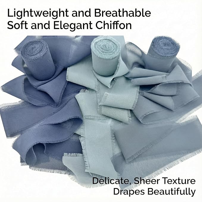 Gray Blue Chiffon Ribbon Set, 3 Pack 1.5 Inch Frayed Edge Polyester Chiffon Ribbon, 21 Yards Total Gray-Blue Palette for Wedding Bouquets, Invitation Styling and Gift Wrapping