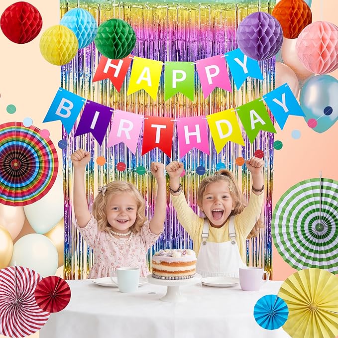 Rainbow Birthday Party Decorations Kit, 16 PCS Colorful Happy Birthday Banner with Foil Fringe Curtain, Paper Fans, Honeycomb Balls and Circle Dots Garland, Photo Backdrop Birthday Party Decor Baby Shower for Girls Boys Women