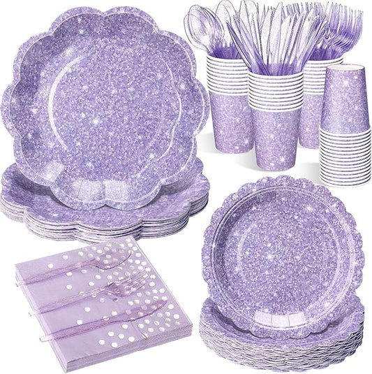 Hushee 175 Pcs Light Purple Holographic Print Party 25 Guests Disposable Dinnerware Set Include Paper Plates, Napkins, Paper Cups, Plastic Tableware for Birthday Party