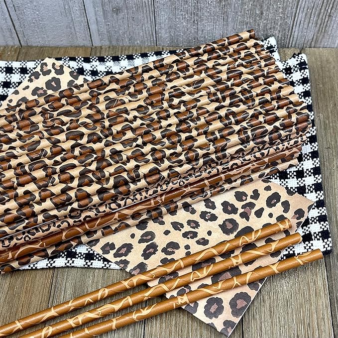 Animal Print Paper Straws - Safari Theme - Leopard Giraffe Cheetah Print - Black Brown Tan - 100 Pack Outside the Box Papers Brand