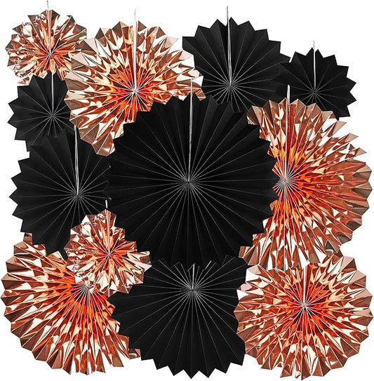 Black Rose Gold Party Hanging Paper Fans - Bachelorette Wedding Anniversary Hen Out Women Birthday Baby Shower Graduation New Year Retirement Party Photo Booth Backdrops Decorations, 12pc