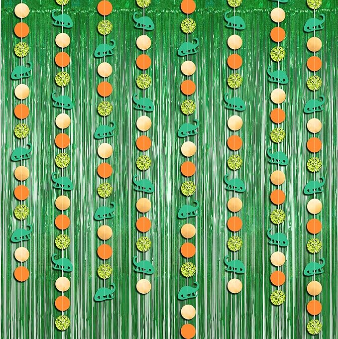 Cheerland Dino Party Decorations Green Tinsel Foil Fringe Curtain Dinosaur 1st Birthday Party Photo Backdrop Jurassic Themed Garland Streamers Banner Baby Shower Hanging Entrance Door Decor Supplies