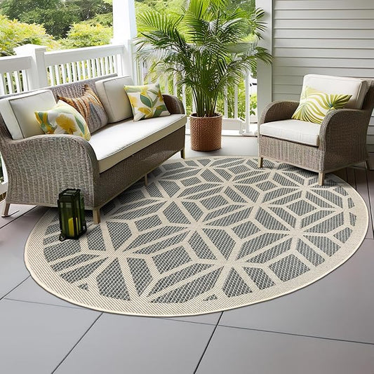 Rugshop Blue Contemporary Geometric Indoor/Outdoor Area Rug — Hose Washable for Living Room, Dining Room and Playroom, 8' Round