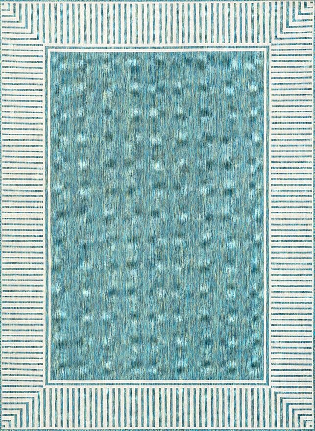 Nuloom Asha Teal/Ivory, 6'7" x 9', Casual, Striped Border, Soft and Cozy, High Traffic, Stain Resistant, Easy Clean, Durable Area Rug for Indoor/Outdoor Patio, Deck, Porch, Garden, Courtyard