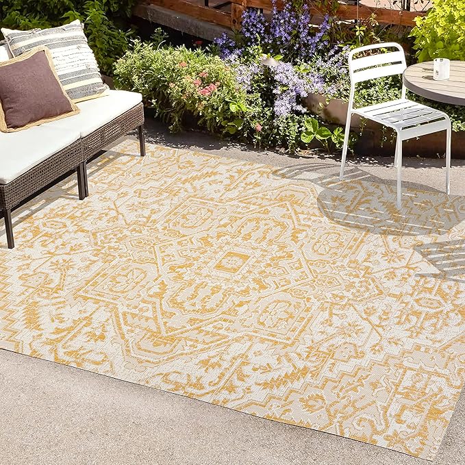 JONATHAN Y Boho Medallion Indoor Outdoor Area Rug 9X12 Cream/Yellow, Estrella Textured Weave for Backyard, Patio, Porch, Easy-Cleaning, High Traffic, Pet-Friendly, Non-Shedding (SMB105H-9)