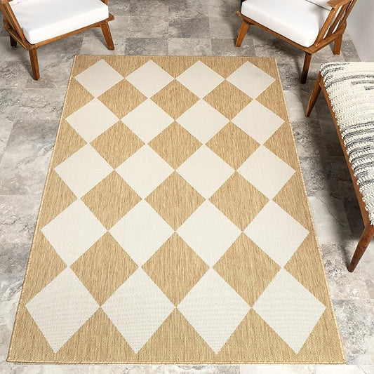 Nuloom Outdoor Performance Collection Sabina Tan/Ivory, 4' x 6', Soft, High Traffic, Stain Resistant, Easy Clean, Durable Area Rug for Indoor/Outdoor Patio, Deck, Porch, Garden, Courtyard