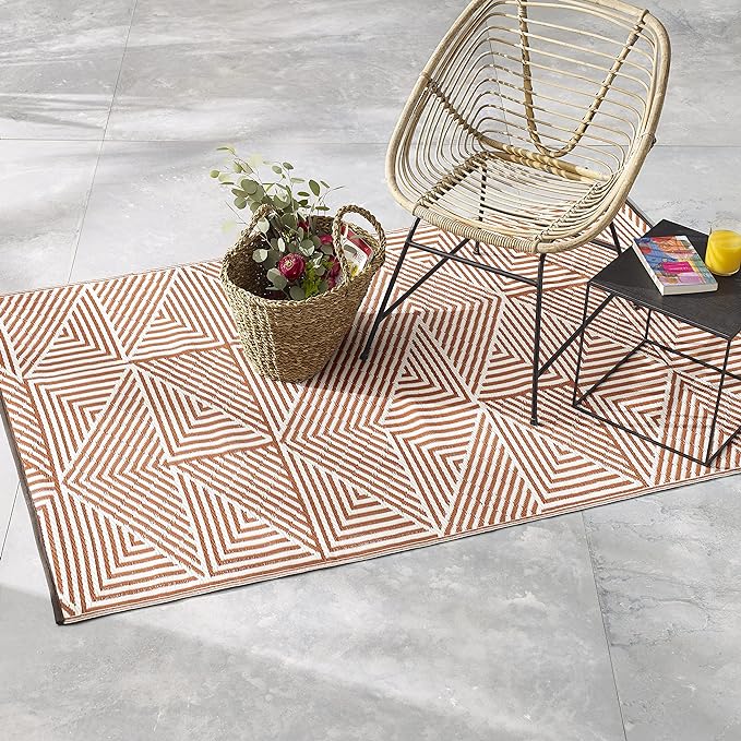 Fab Habitat Outdoor Rug - Waterproof, Fade Resistant, Crease-Free, Reversible - Premium Recycled Plastic - Modern Geometric - Patio, Porch, Deck, Balcony - Tokyo - Burnt Orange - 5 x 8 ft