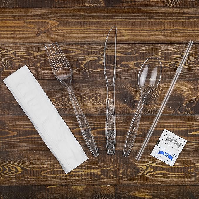 KitchenDine 100 pack | Clear Heavy Duty Plastic Disposable Cutlery Set | 6 in 1 Utensil Set with Fork, Spoon, Knife, Napkin, Straw, Salt/Pepper Packets
