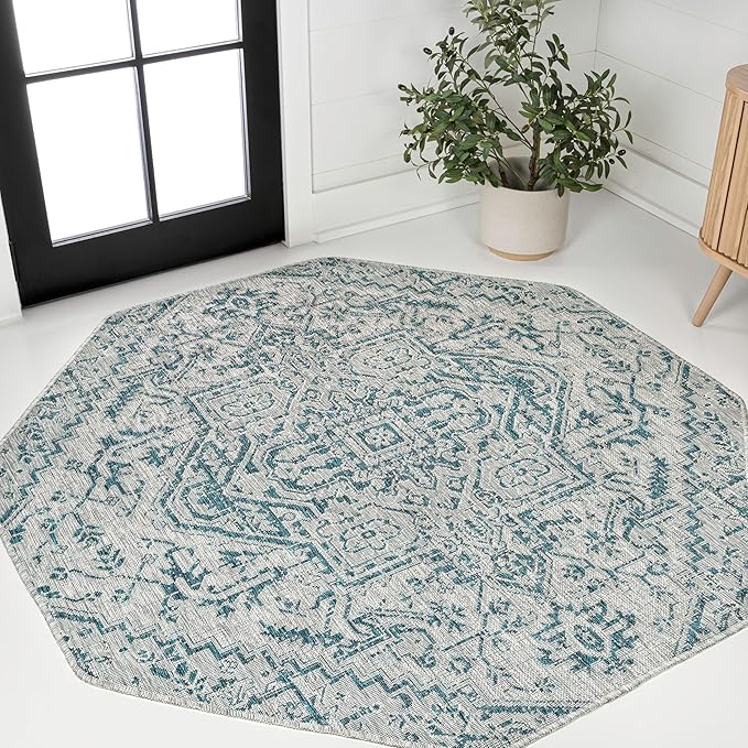 JONATHAN Y Boho Medallion Indoor Outdoor Octagon Area Rug 8 Ft Teal/Gray, Estrella Textured Weave for Backyard, Patio, Porch, Easy-Cleaning, High Traffic, Pet-Friendly, Non-Shedding (SMB105C-8TGN)