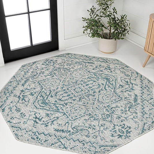 JONATHAN Y Boho Medallion Indoor Outdoor Octagon Area Rug 8 Ft Teal/Gray, Estrella Textured Weave for Backyard, Patio, Porch, Easy-Cleaning, High Traffic, Pet-Friendly, Non-Shedding (SMB105C-8TGN)