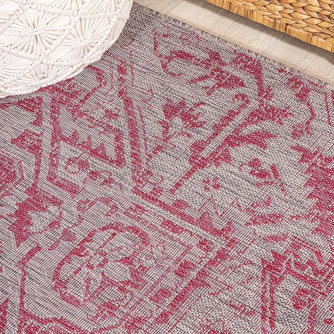JONATHAN Y Boho Medallion Indoor Outdoor Square Area Rug 5X5 Light Gray/Fuchsia, Estrella Textured Weave for Backyard, Patio, Porch, Easy-Cleaning, High Traffic, Pet-Friendly Non-Shedding SMB105F-5SQ