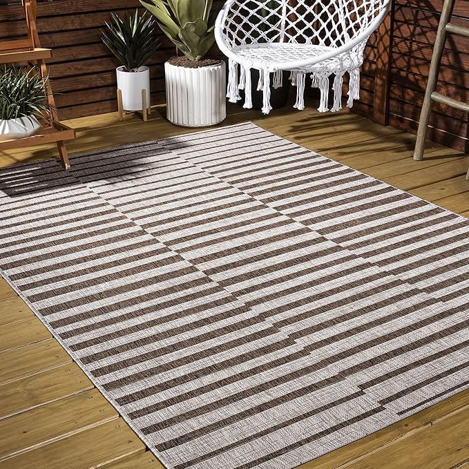 JONATHAN Y Offset Stripe Indoor Outdoor Area Rug 8X10 Beige/Brown, Sukie Modern for Backyard, Patio, Porch, Easy-Cleaning, High Traffic, Pet-Friendly, Non-Shedding (SMB133A-8)
