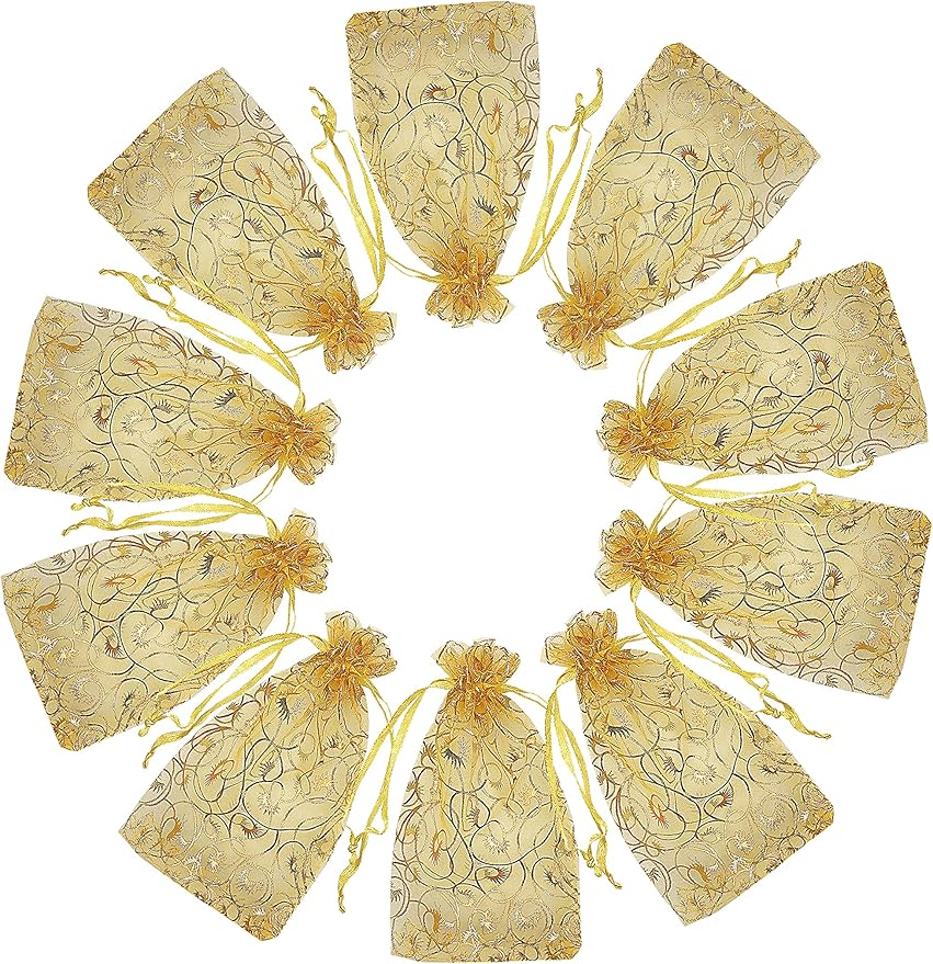 Jexila 100PCS Gold Organza Bags 4x6 inch with Drawstring Jewelry Gift Bags for Wedding Party Favor Pouches Christmas Small Mesh Bags (Gold)