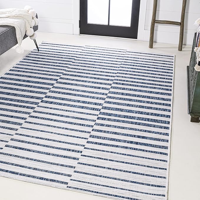 JONATHAN Y Offset Stripe Indoor Outdoor Area Rug 8X10 Ivory/Blue, Sukie Modern for Backyard, Patio, Porch, Easy-Cleaning, High Traffic, Pet-Friendly, Non-Shedding (SMB133C-8)