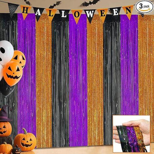 Halloween Party Decorations, 3 Pack Glittery Halloween Foil Fringe Curtains 3.3 X 6.6 ft, Orange Purple Black Tinsel Party Backdrop Photo Booth Props Streamers Birthday Party Supplies