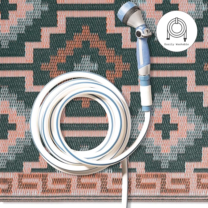 Fab Habitat Outdoor Rug - Waterproof, Fade Resistant, Crease-Free, Reversible - Premium Recycled Plastic - Vintage Boho Kilim - Large Patio, Deck, Sunroom, Camping, RV - Lhasa - Green - 8 x10 ft
