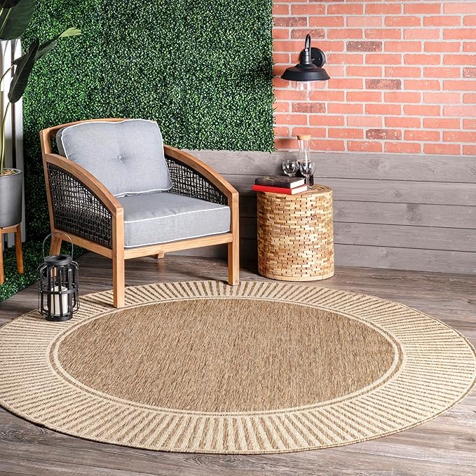 Nuloom Asha Light Brown/Ivory, 8' Round, Casual, Striped Border, Soft and Cozy, High Traffic, Stain Resistant, Easy Clean, Durable Area Rug for Indoor/Outdoor Patio, Deck, Porch, Garden, Courtyard