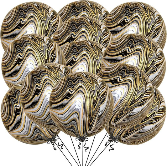 KatchOn, Black and Gold Marble Balloons - Big 22 Inch, Pack of 12 | 4D Marble Black and Gold Balloons for Birthday Party Decorations | Agate Balloons for Retirement, Dance Party Decorations