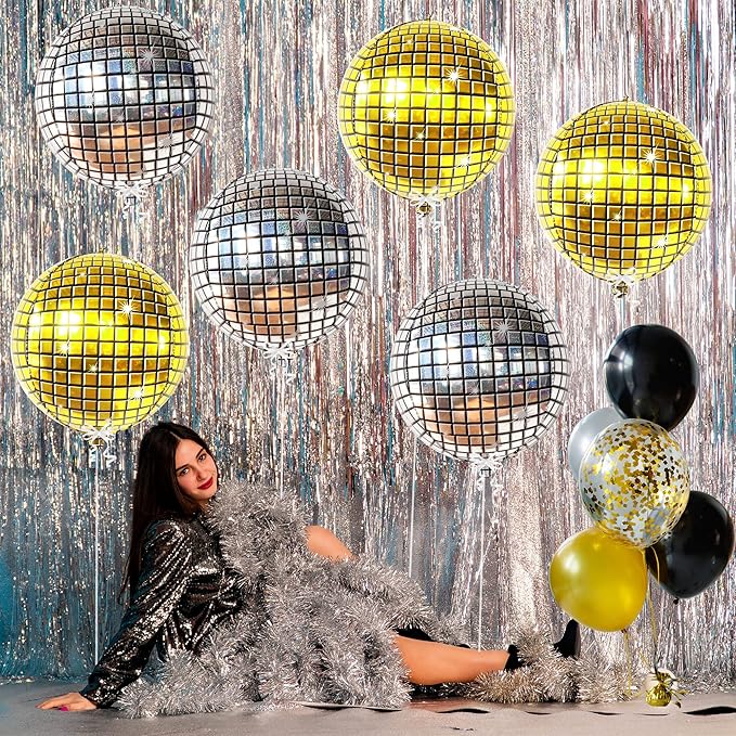 KatchOn, Large Gold and Silver Disco Ball Balloons - 22 Inch, Pack of 6 | 4D Sphere Disco Balloons for Disco Party Decorations, Bachelorette Party Decorations | New Years Decorations 2026