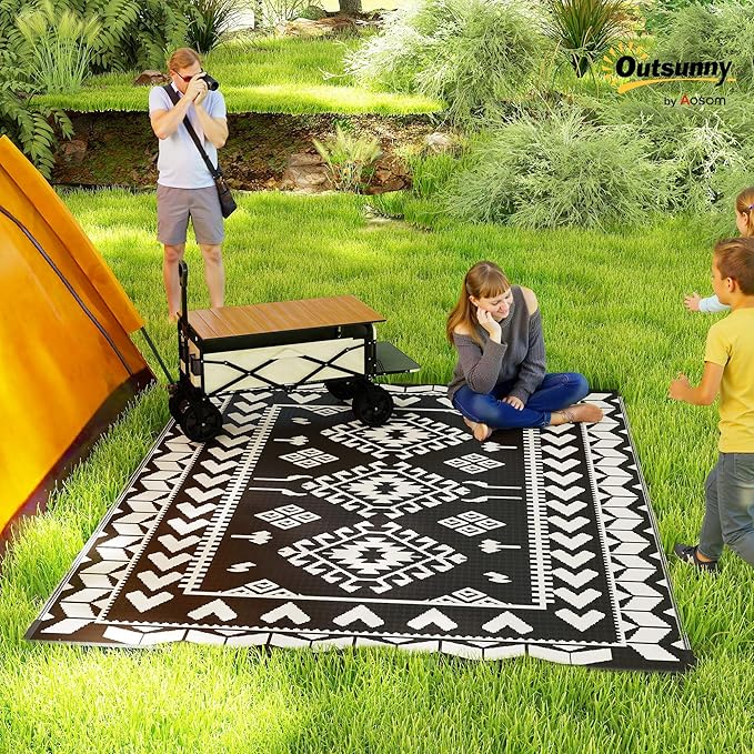 Outsunny Outdoor Rug for Patio, 8' x 10' Waterproof Large Mat, Reversible Plastic Straw Rug for Decor, Portable Outside RV Camping Area Carpet Mat for Backyard Porch Deck Picnic, Black & White Rhombus